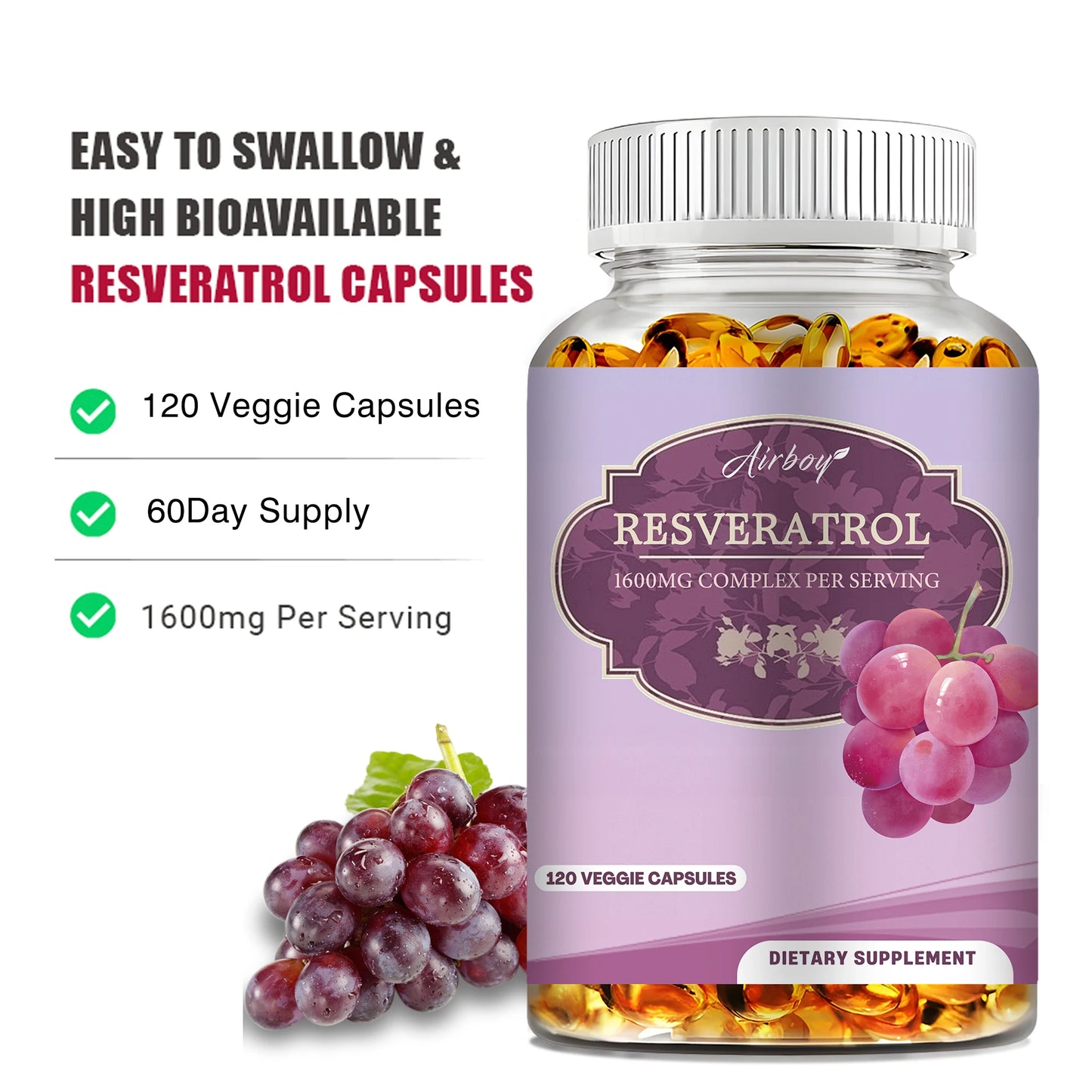 Resveratrol Capsules for Cardiovascular Health Anti Aging Antioxidants Immunity Boost and Skin Radiance 120 Count