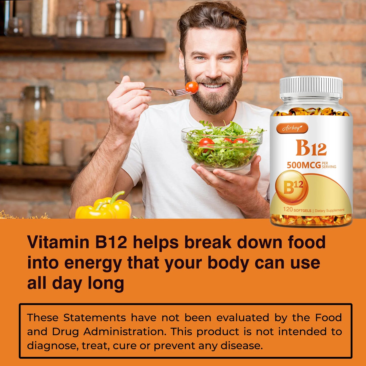 Vitamin B12 500mcg Energy Metabolism Support Nervous System Sleep Health Improve Mood 120 Capsules