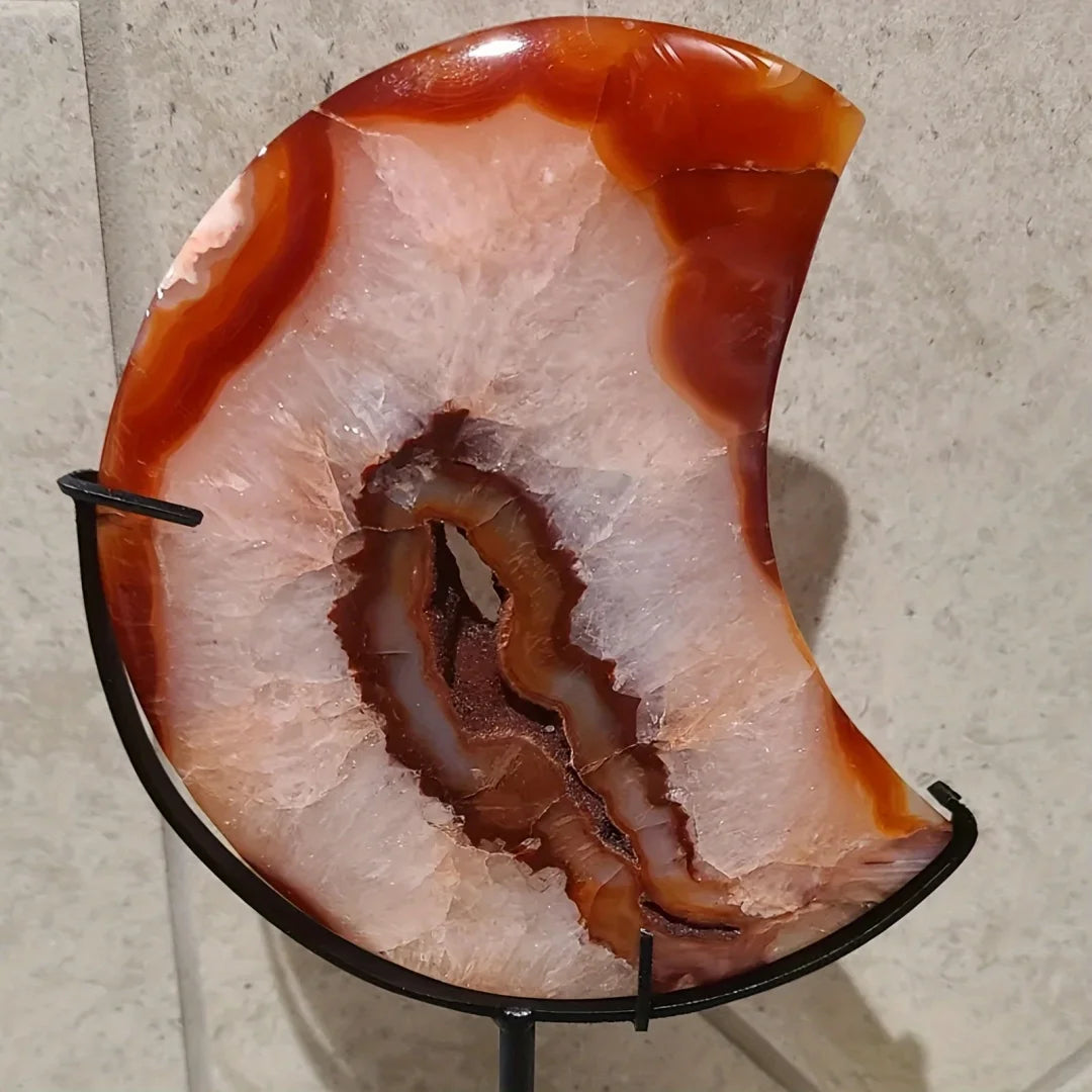 Red Agate Geode Moon Shape Crystal Stone Home Decor Gift