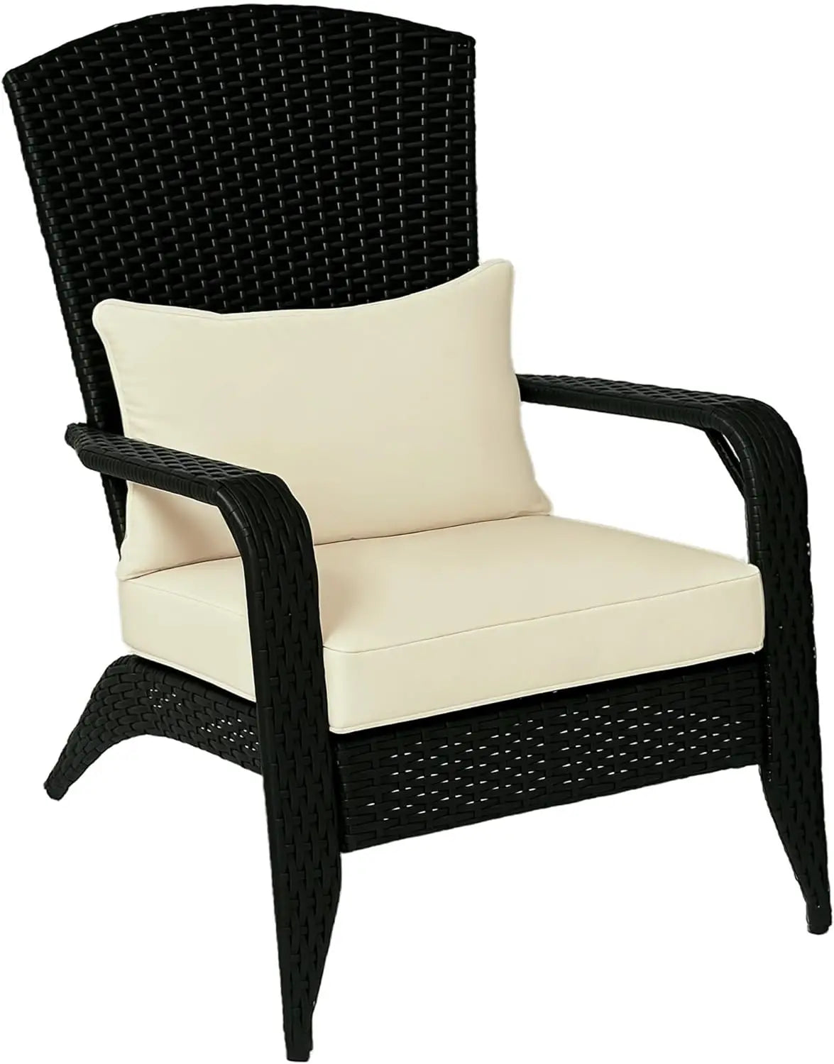 Patio Wicker Adirondack Chair Outdoor All Weather Rattan Fire Pit Chair with Soft Cushions Tall Curved Backrest and Comfortable Armrests for Deck or Garden Deep Brown Cream White