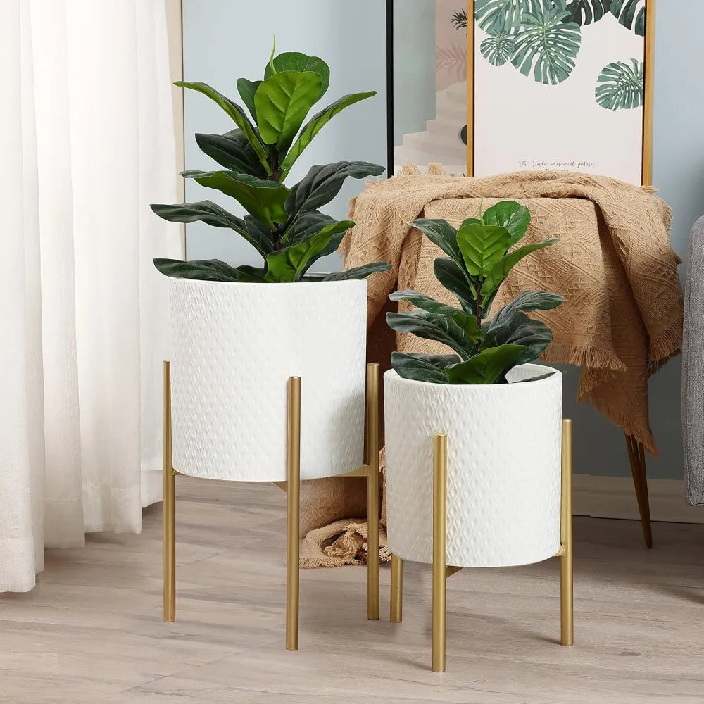 Planters for Indoor Plants Set of 2 White Planter with Gold Metal Stand Luxury Flower Pots