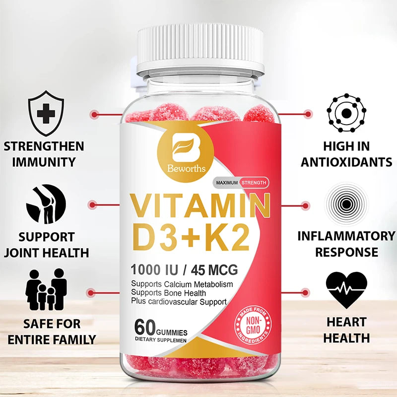 Beworths 60PCS Vitamin D3 and K2 Gummies 1000 IU Vitamin D3 and 45 Mcg Vitamin K2 for Bone Health and Muscle Function