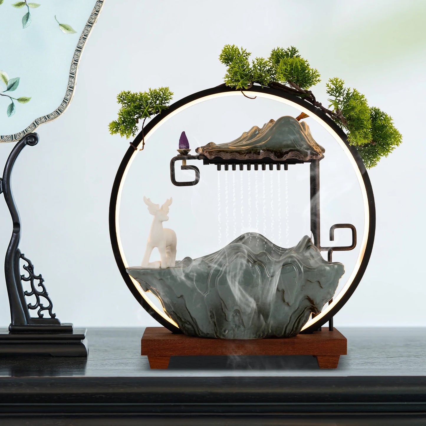 Indoor LED Waterfall Fountain With Mist Maker And Warm Light Home Yoga Tabletop Zen Water Feature Deer Motif Good Luck Symbol