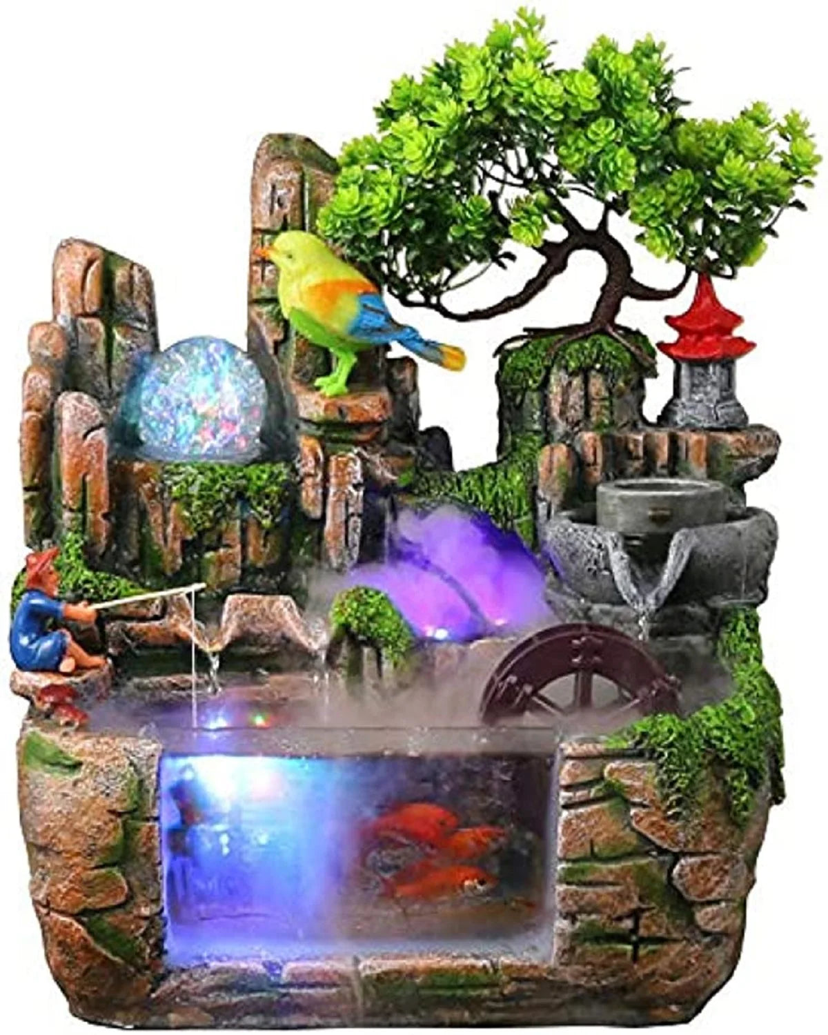 Desktop Fountain Waterfall with Rockery Indoor Relaxation Tabletop Resin Ornament with Light Bird & Fisherman for Home