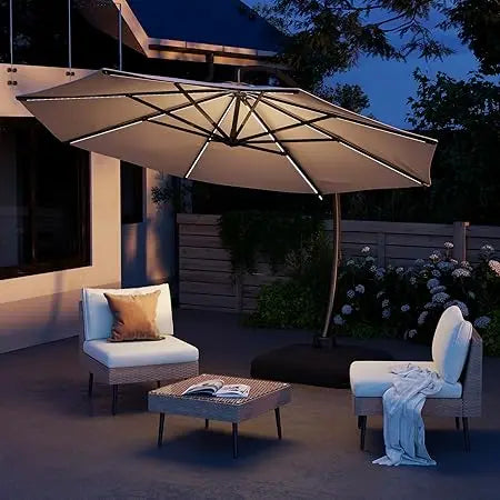 11FT Solar Powered LED Light Cantilever Patio Umbrella With Base Round Large Aluminum Outdoor Heavy Duty
