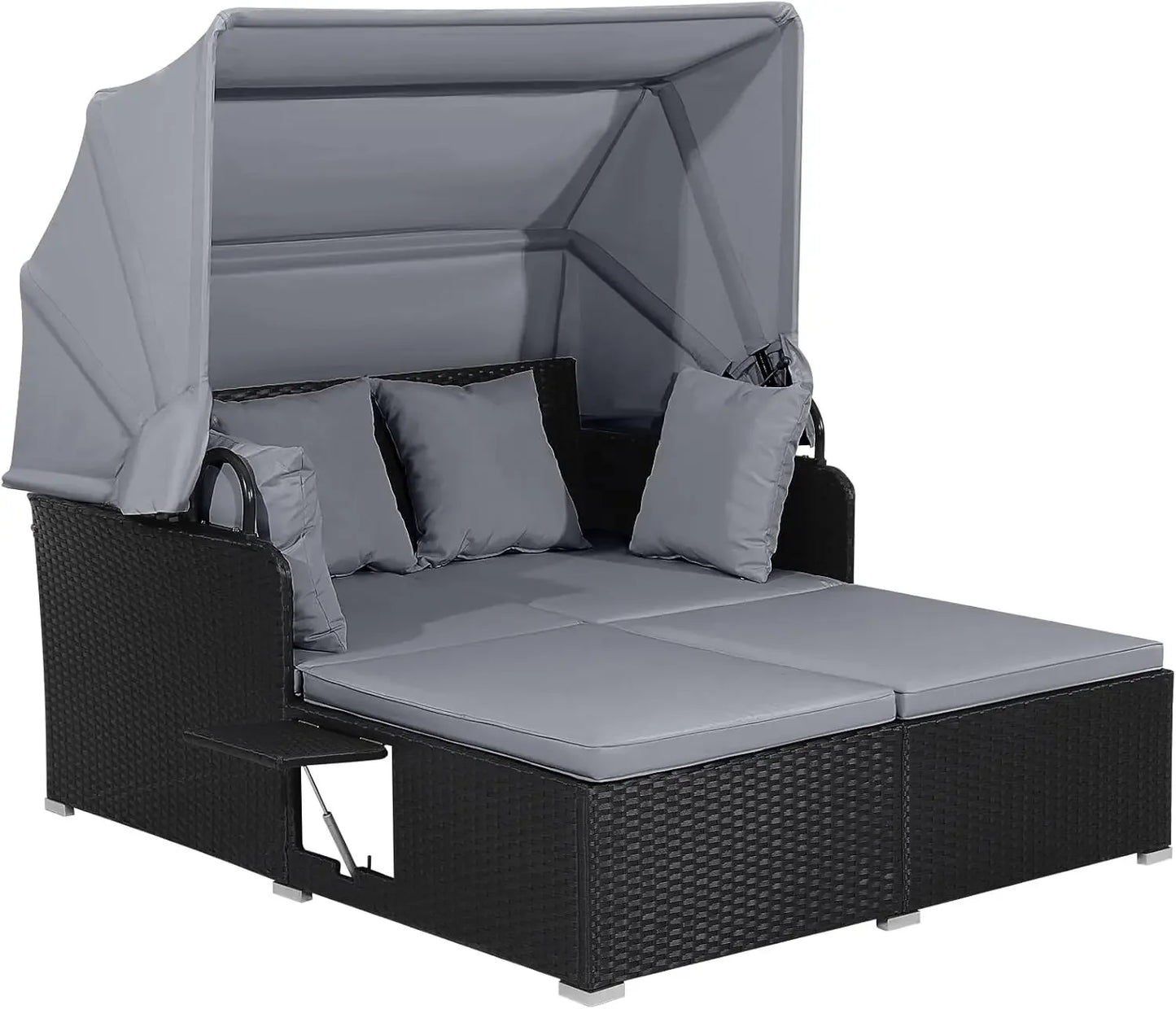 Outdoor Hand-Woven PE Wicker Daybed Patio Loveseat Sofa Set with Retractable Canopy & 2 Side Tables, Outdoor Sun Lounger