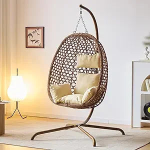 Double Hanging Swing Egg Chair with Stand, Hexagon Wicker Hammock Swing Chair for Outdoor Garden Patio, 2 Person Egg Chair with