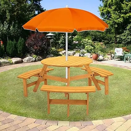 10 Person Solid Wood Round Picnic Table and Bench Set with Umbrella Hole Outdoor Furniture