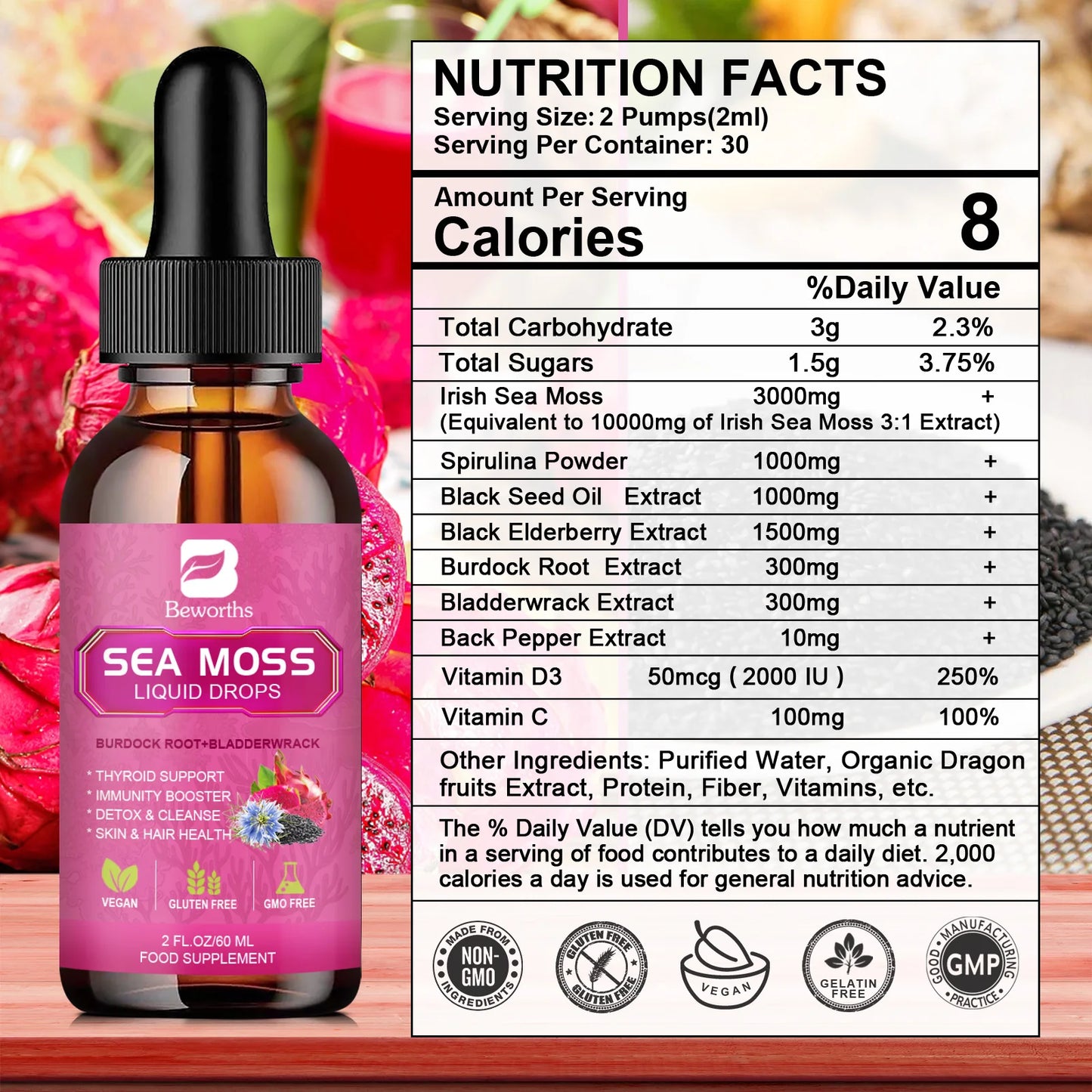 Beworths 3000mg Seamoss Liquid Drops Organic Black Seed Oil Burdock Root Bladder Immunity Hair Skin Digestion Health 60ml
