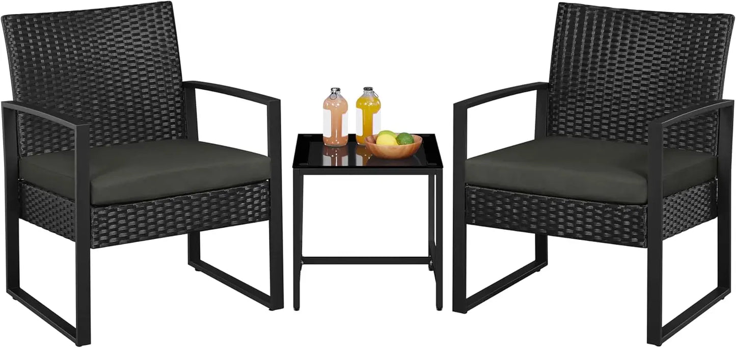 3 Pieces Rattan Bistro Set Indoor Outdoor Wicker Patio Modern Conversation Furniture 2 Chairs and Tempered Glass Coffee Table