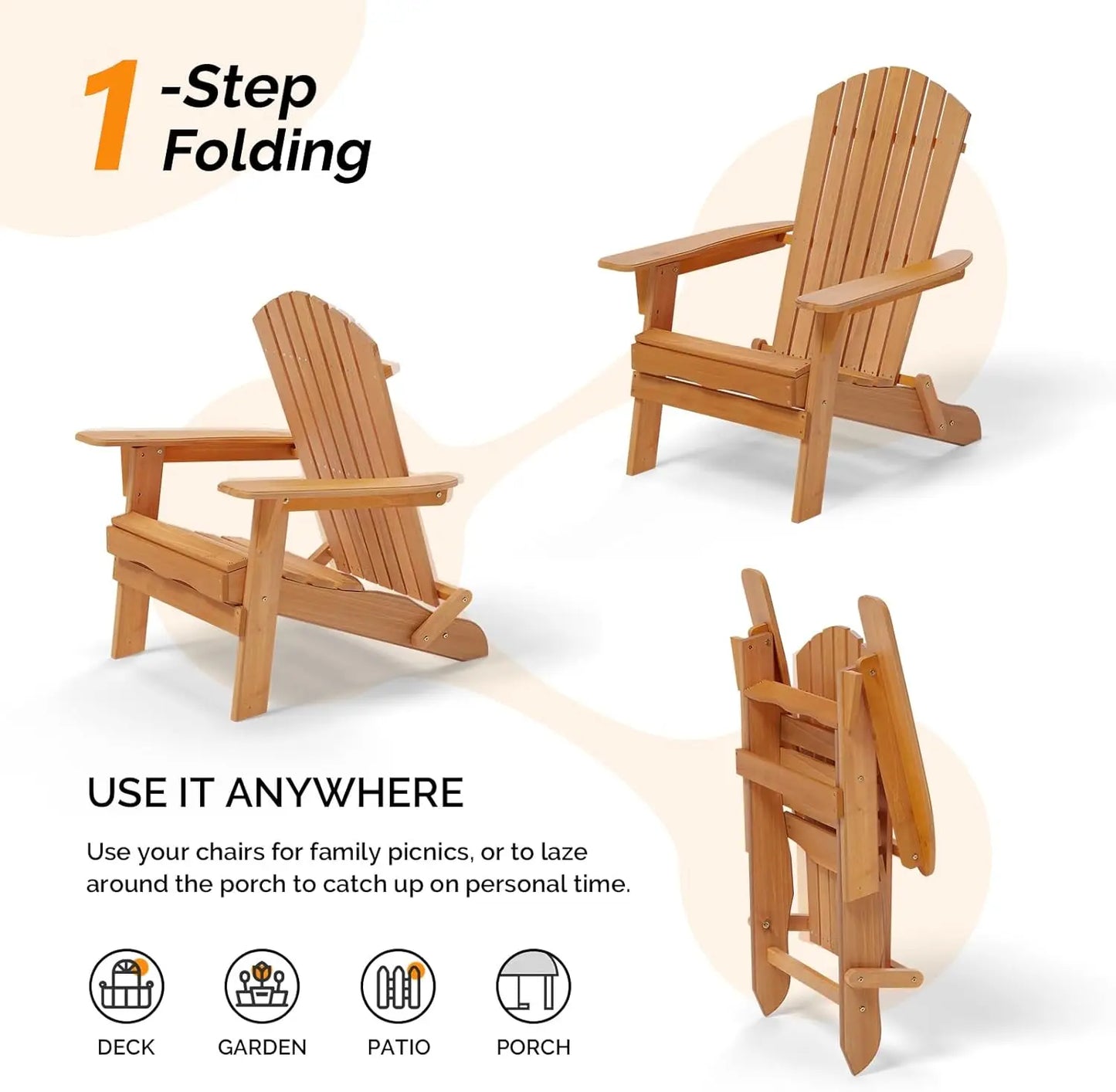 Folding Adirondack Chairs Set of 4 Teak Wood Outdoor Chairs Foldable Fire Pit Chairs for Patio BBQ Porch Yard Pool