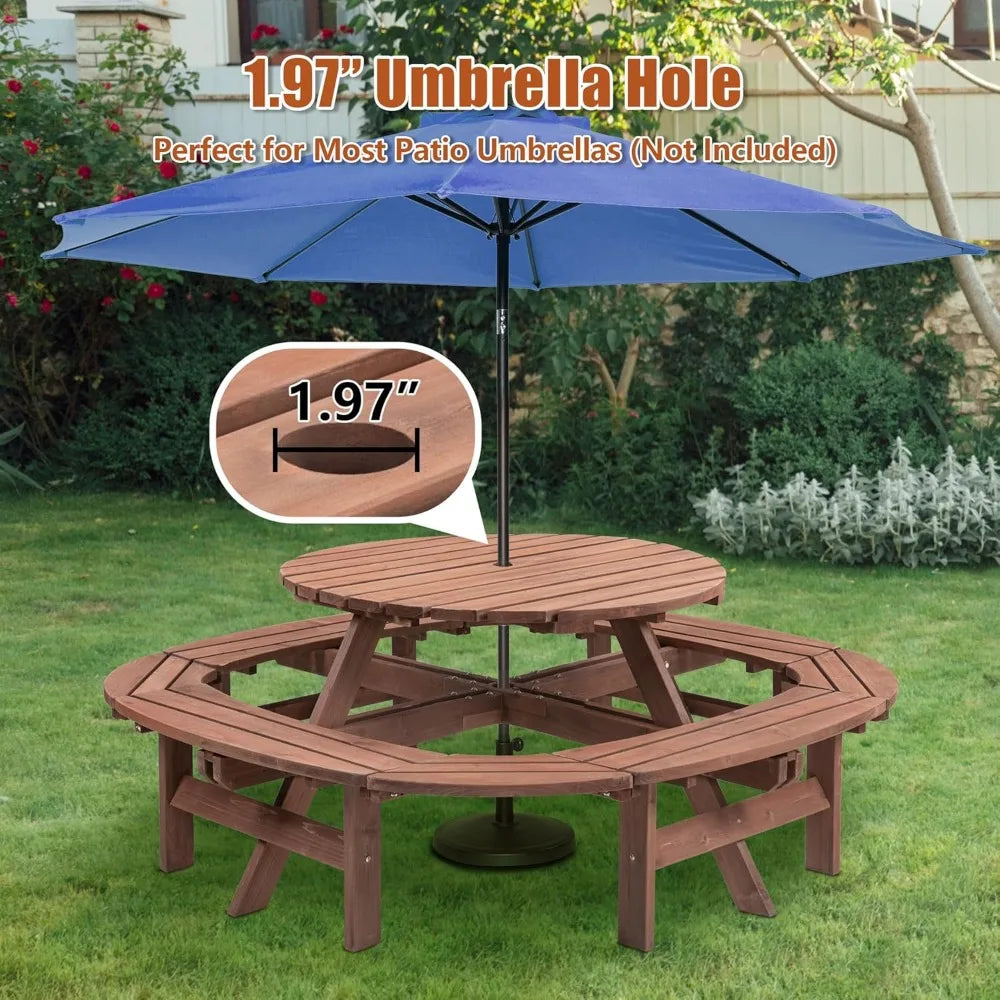 10 Person Solid Wood Round Picnic Table and Bench Set with Umbrella Hole Outdoor Furniture