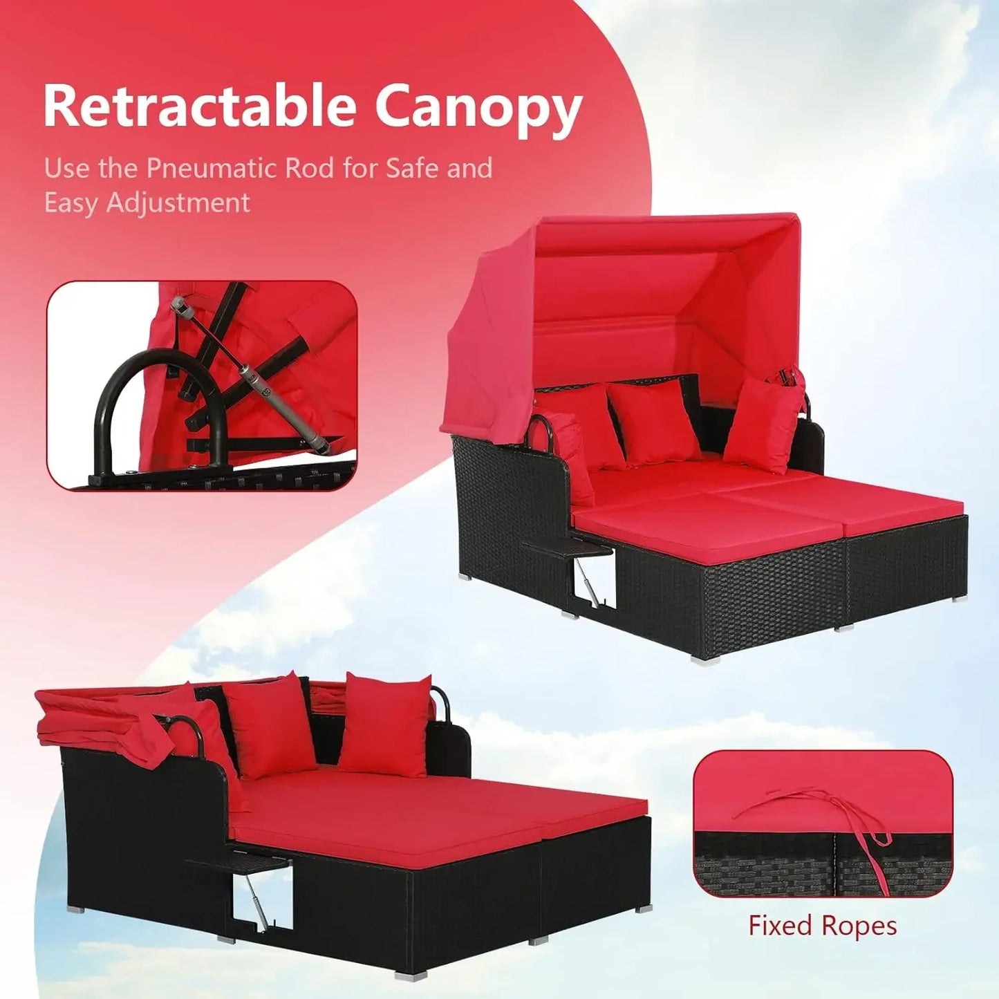 Outdoor Hand-Woven PE Wicker Daybed Patio Loveseat Sofa Set with Retractable Canopy & 2 Side Tables, Outdoor Sun Lounger