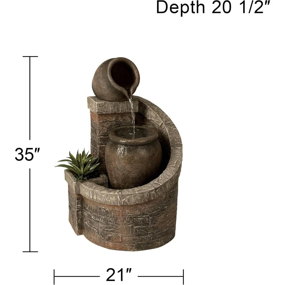 Verona Rustic Outdoor Floor Cascading Water Fountain 35" High with LED Light Planter Box for Garden Patio Backyard Deck Home Law