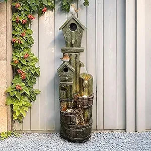 Wishing Well Water Fountain, 39.3inches Rustic Outdoor Water Fountains - Outdoor Cascading Waterfall with Buckets, Pump & Lights