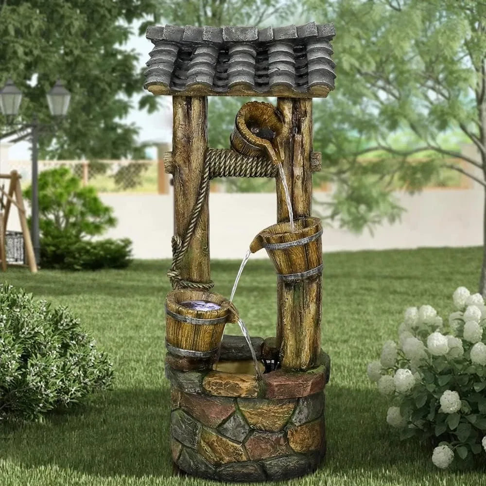 Wishing Well Water Fountain, 39.3inches Rustic Outdoor Water Fountains - Outdoor Cascading Waterfall with Buckets, Pump & Lights