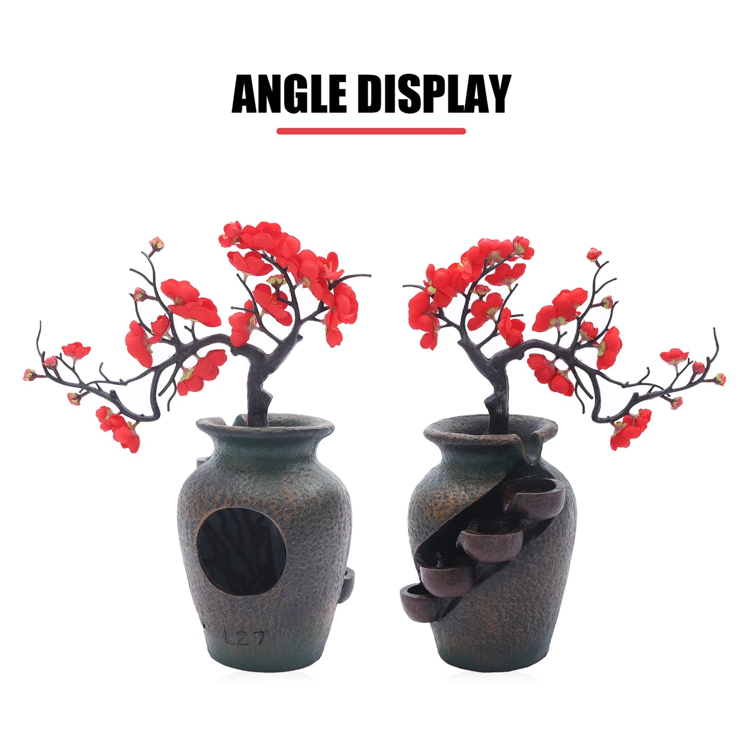 Decorative Tabletop Fountain, Simulated Vase and Trees, Stress Relief Water Feature for Home, Office, and Living Room