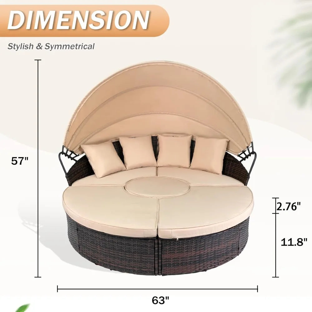 Patio Round Daybed With Retractable Canopy Rattan Wicker