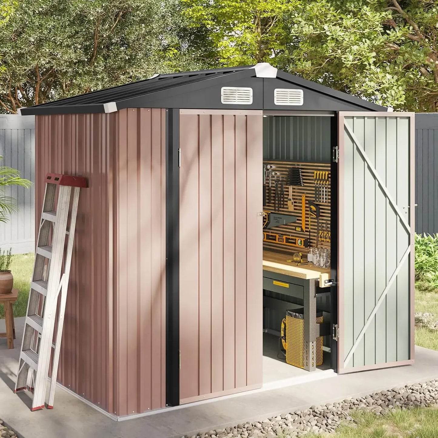 6.2x4 FT Outdoor Metal Garden Storage Shed with Lockable Doors and Slooping Roof for Backyard and Patio