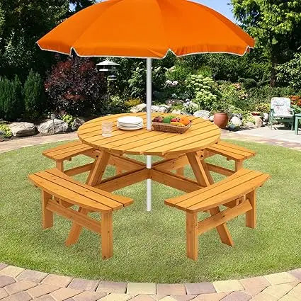 10 Person Solid Wood Round Picnic Table and Bench Set with Umbrella Hole Outdoor Furniture