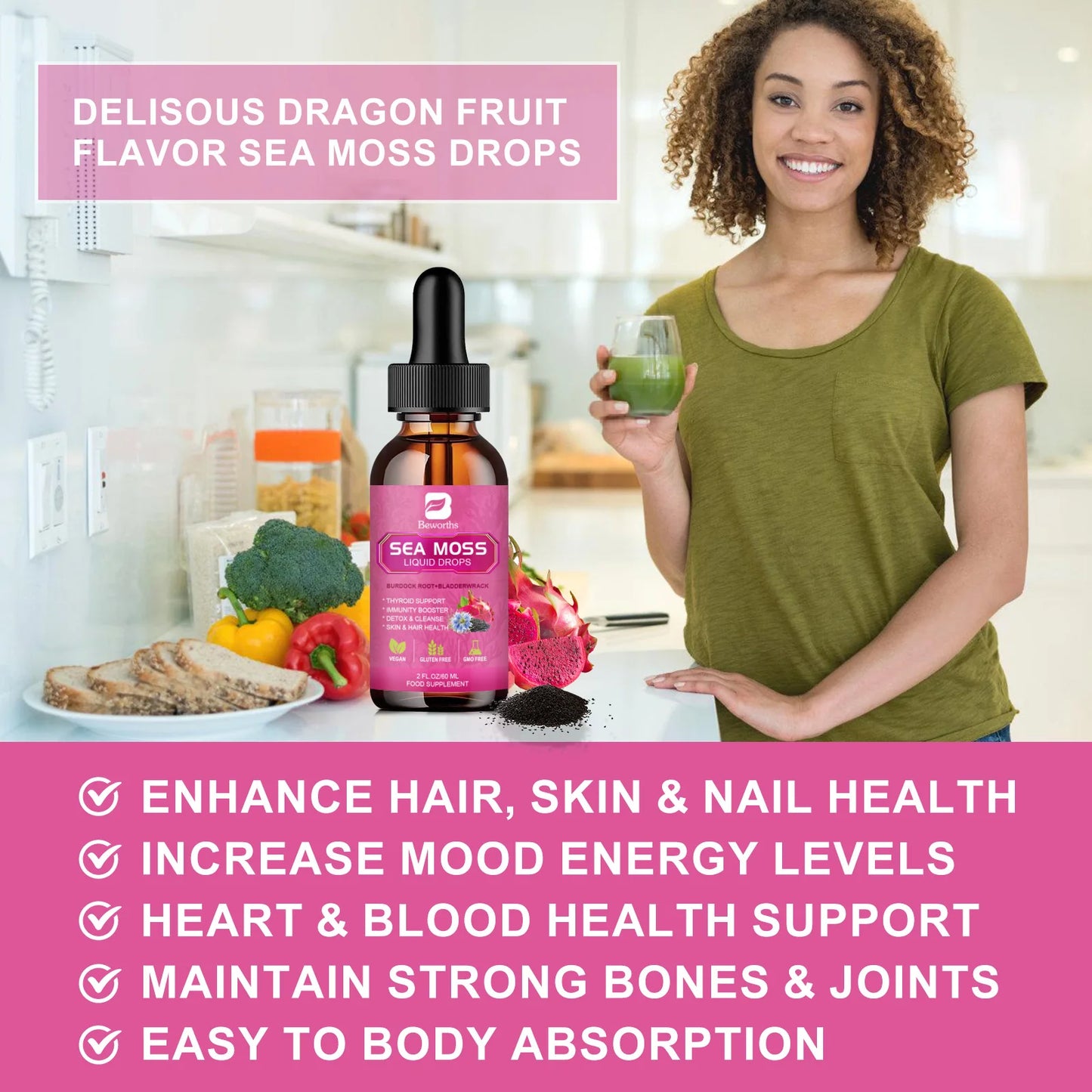 Beworths 3000mg Seamoss Liquid Drops Organic Black Seed Oil Burdock Root Bladder Immunity Hair Skin Digestion Health 60ml