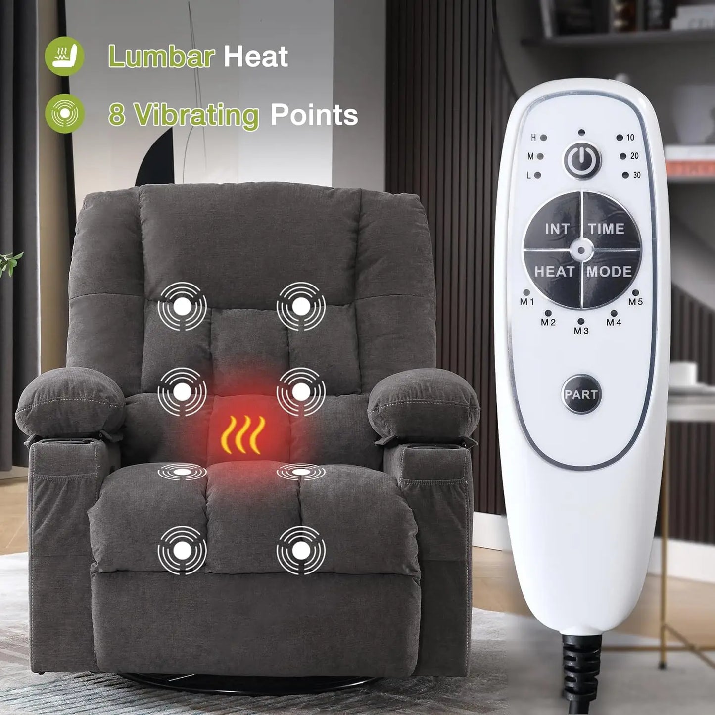 Massage Swivel Recliner Chair Oversized Rocker Recliner with Vibration Massage and Lumbar Heat Ergonomic Rocker Chair for Living Room with Side Pocket Two Cup Holders USB Charge Port