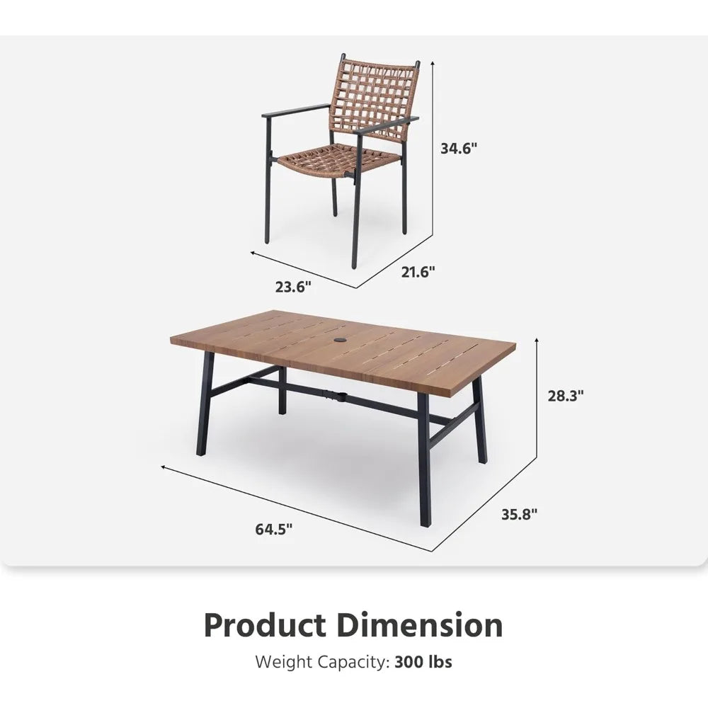 Outdoor Patio Dining Set 7 Pieces Rattan Dining Table and Chairs with Metal Table and Umbrella Hole Modern Patio Furniture