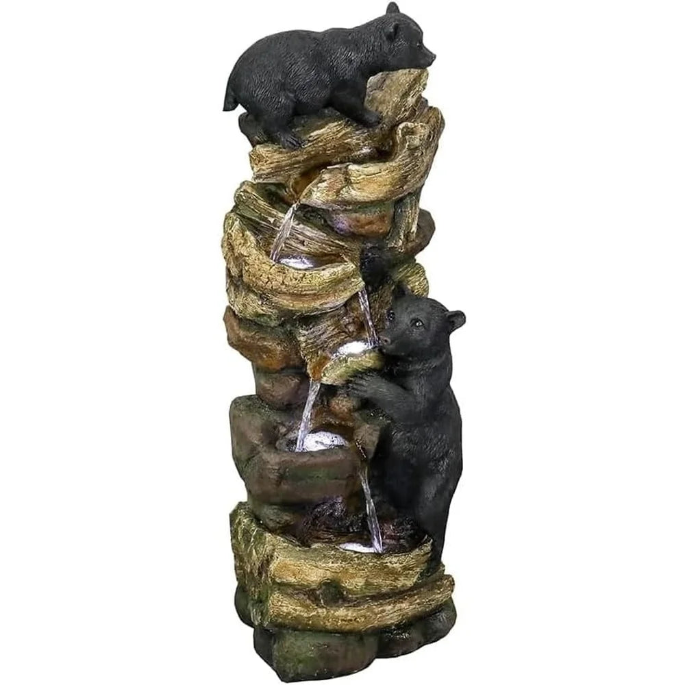 5 Tier Outdoor Garden Water Fountain Bears Climbing Tree Resin Fountain with LED Lights Lawn Patio Decoration