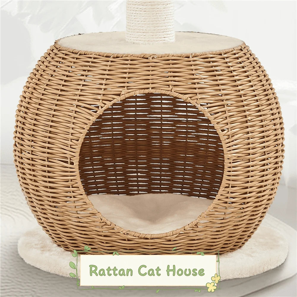 29.5 Inch Tall Rattan Cat House with Soft Cushion and Natural Sisal Scratching Post in Beige