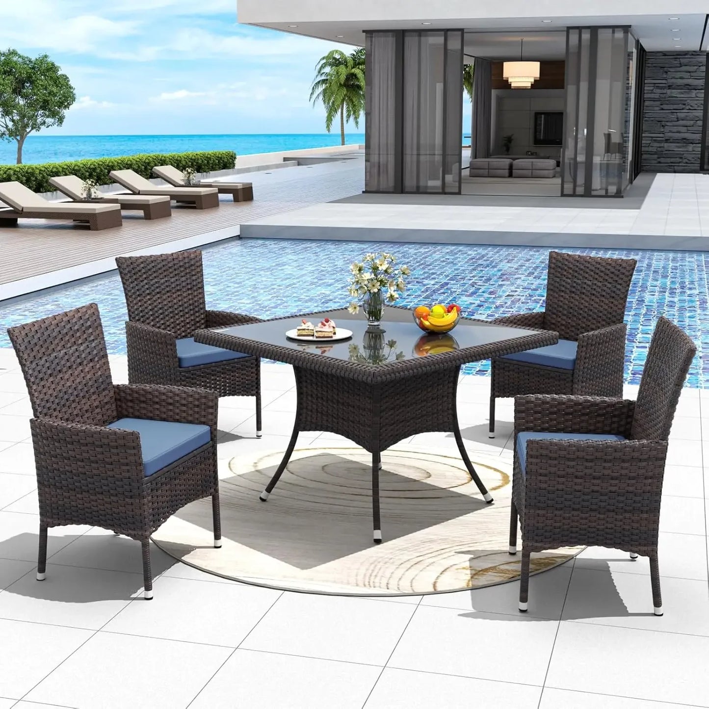 5 Piece All Weather Wicker Patio Dining Set With Tempered Glass Tabletop