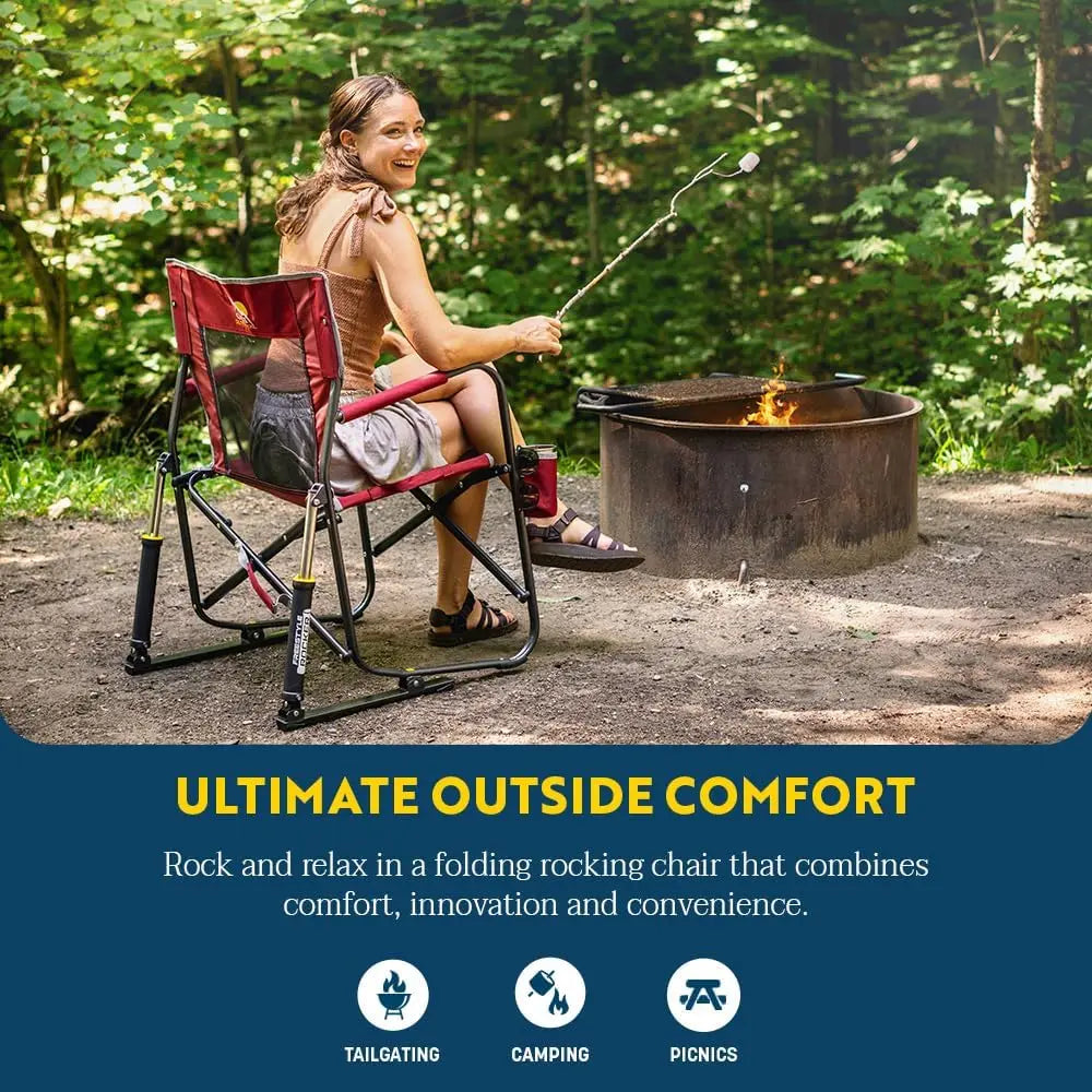Rocker Camping Chair Portable Folding Rocking Chair with Solid Durable Armrests Drink Holder and Comfortable Backrest Cinnamon