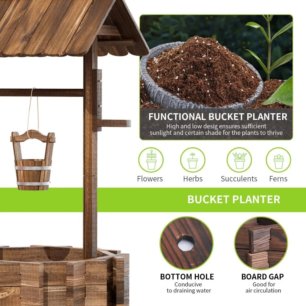 Outdoor Wooden Wishing Well Planter With Hanging Bucket