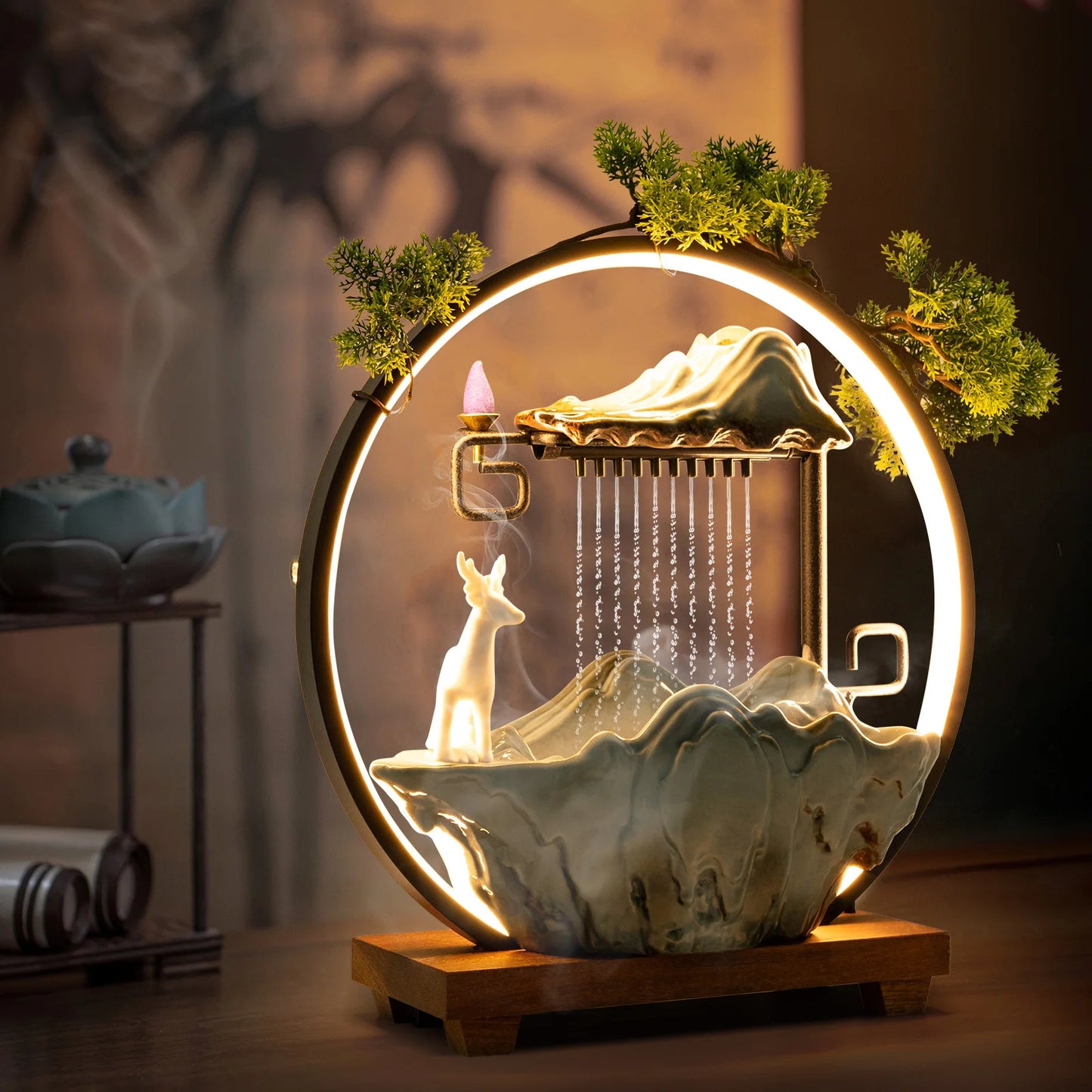 Indoor LED Waterfall Fountain With Mist Maker And Warm Light Home Yoga Tabletop Zen Water Feature Deer Motif Good Luck Symbol