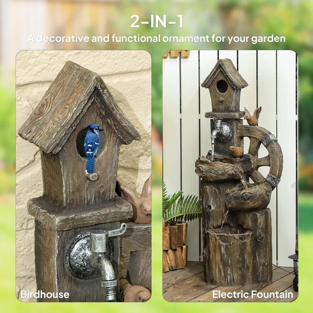 Decorative Garden Birdhouse 3-Tier Cascading Waterfall with LED Lights and Water Wheel Soothing Tranquility for Home Garden