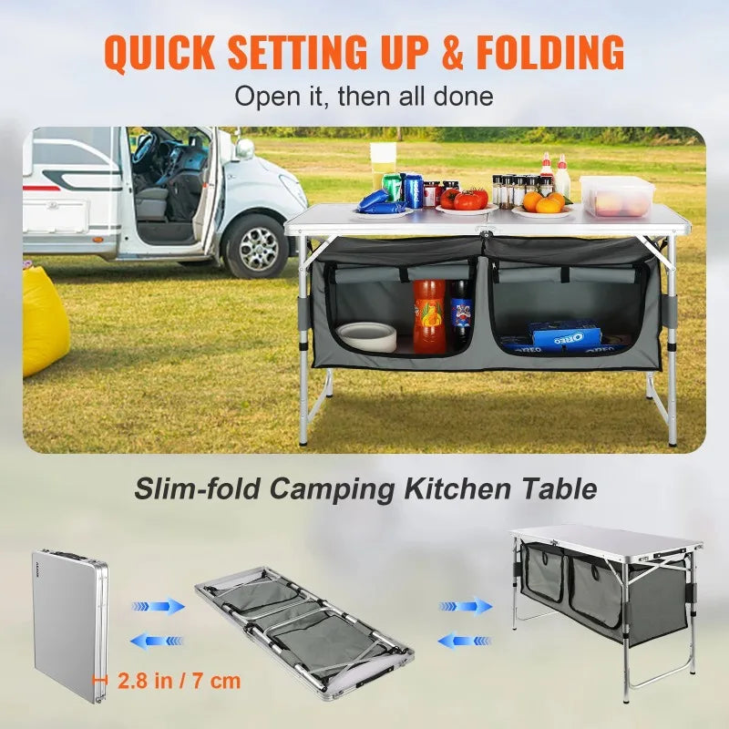 BENTISM Camping Kitchen Table Folding Portable Cook Station with 3 Adjustable Heights