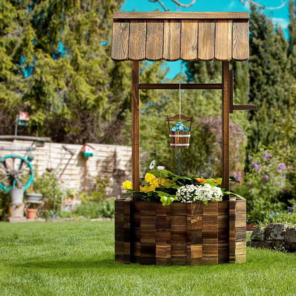 Outdoor Wooden Wishing Well Planter With Hanging Bucket