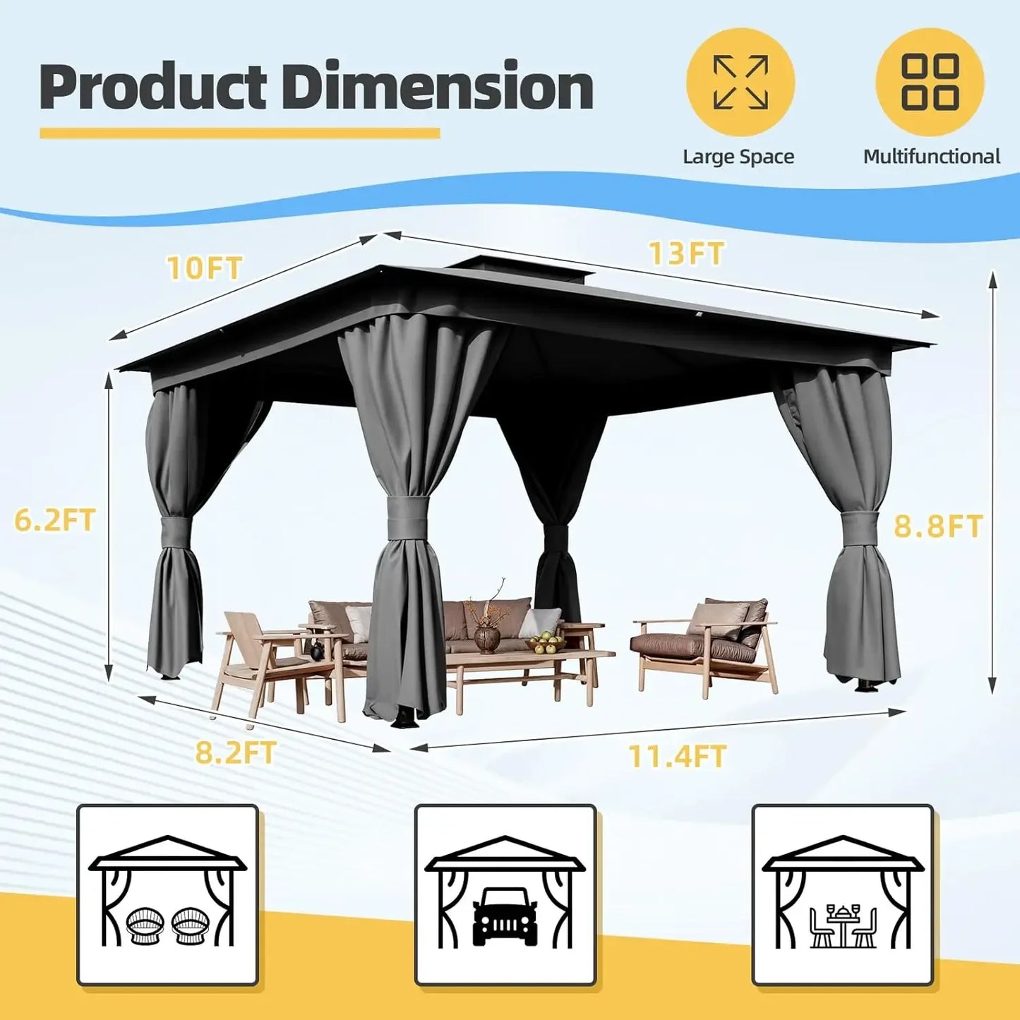 Outdoor 10x13 Grey Patio Gazebo Metal Frame Canopy with Double Roofs Heavy Duty Pavilion with Curtains and Nettings for Deck Lawn and Backyard