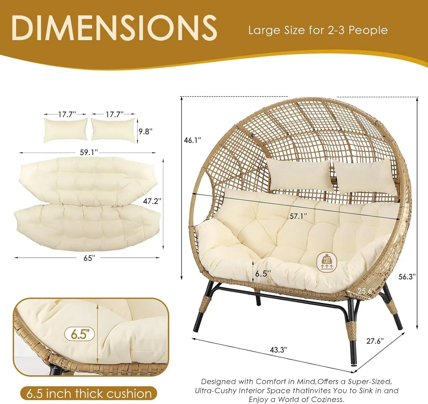Double Egg Chair Indoor Outdoor Stationary Oversized Thicken Padded Cushions Two Person Egg Loveseat Chair 680 Pounds Extra Large Lounge Chair for Patio Balcony Porch Backyard Beige