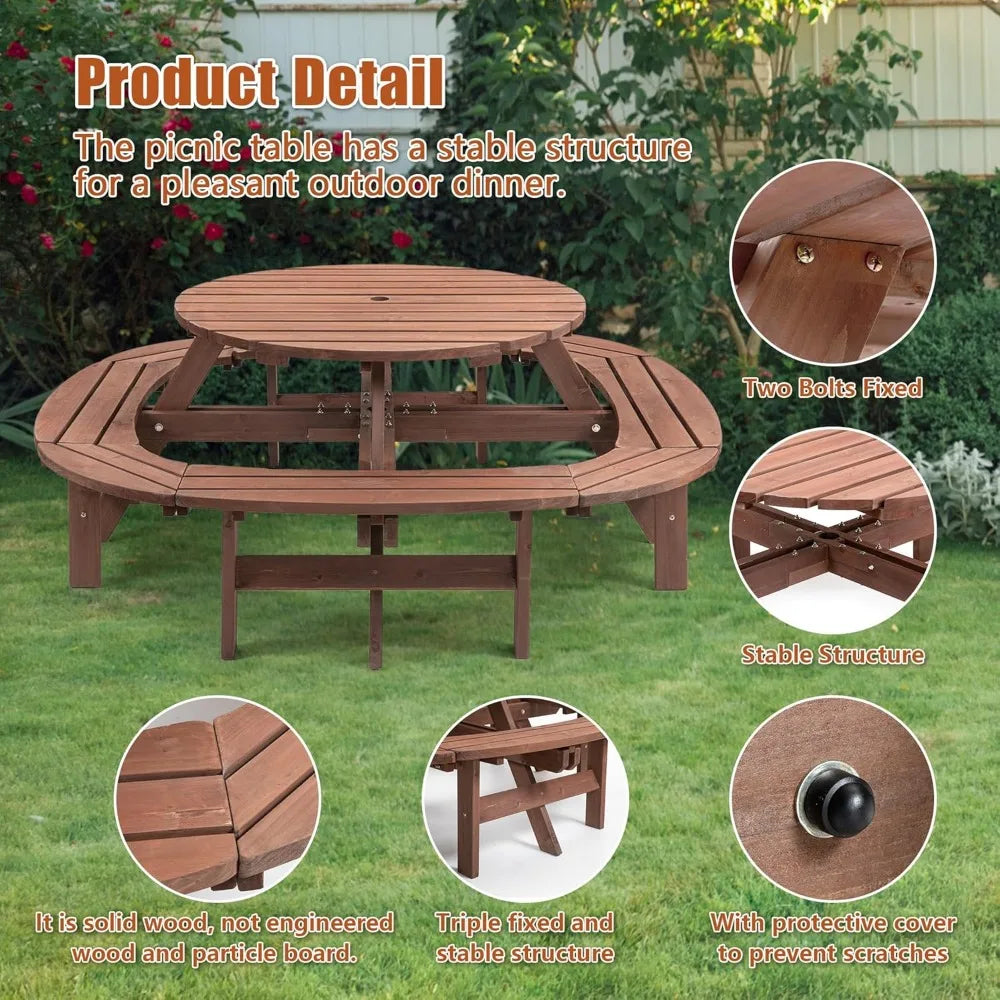 10 Person Solid Wood Round Picnic Table and Bench Set with Umbrella Hole Outdoor Furniture