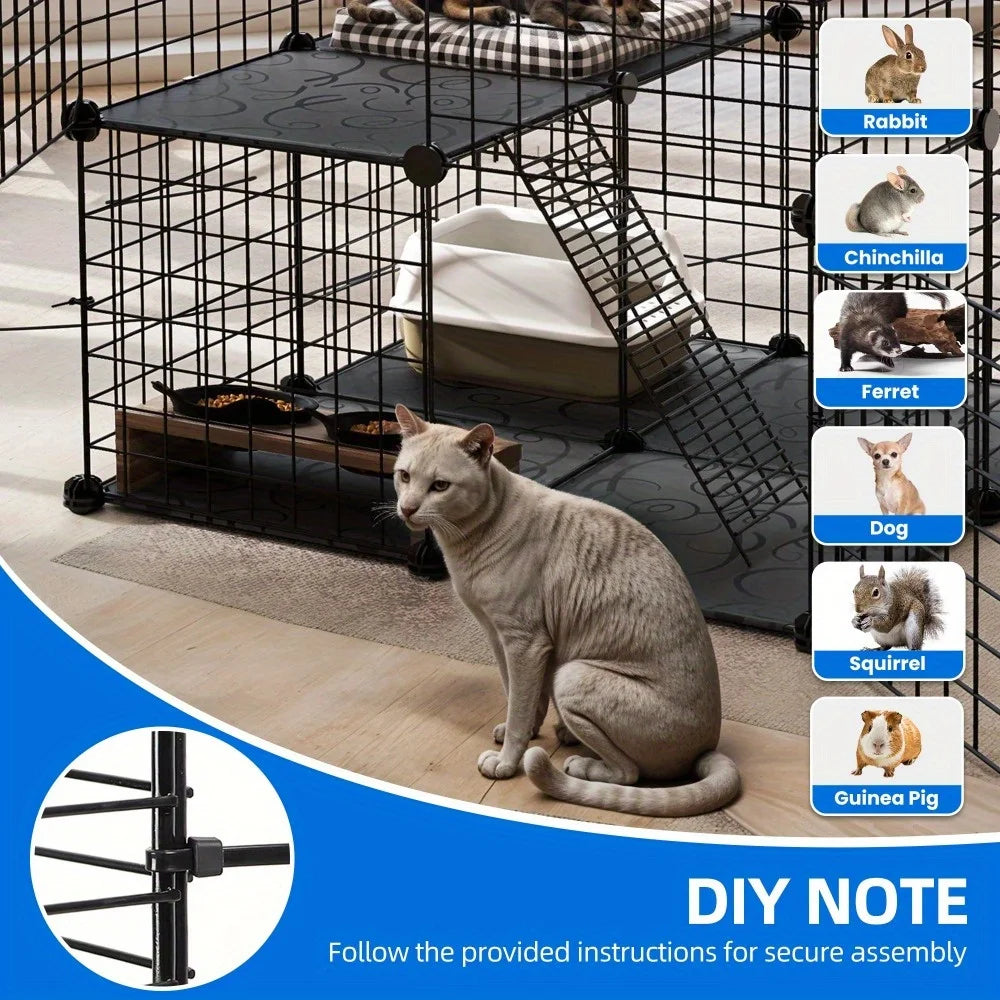 28 Inch Cat Cage 2 Tier Indoor Enclosure DIY Playpen For 1 To 2 Cats Black