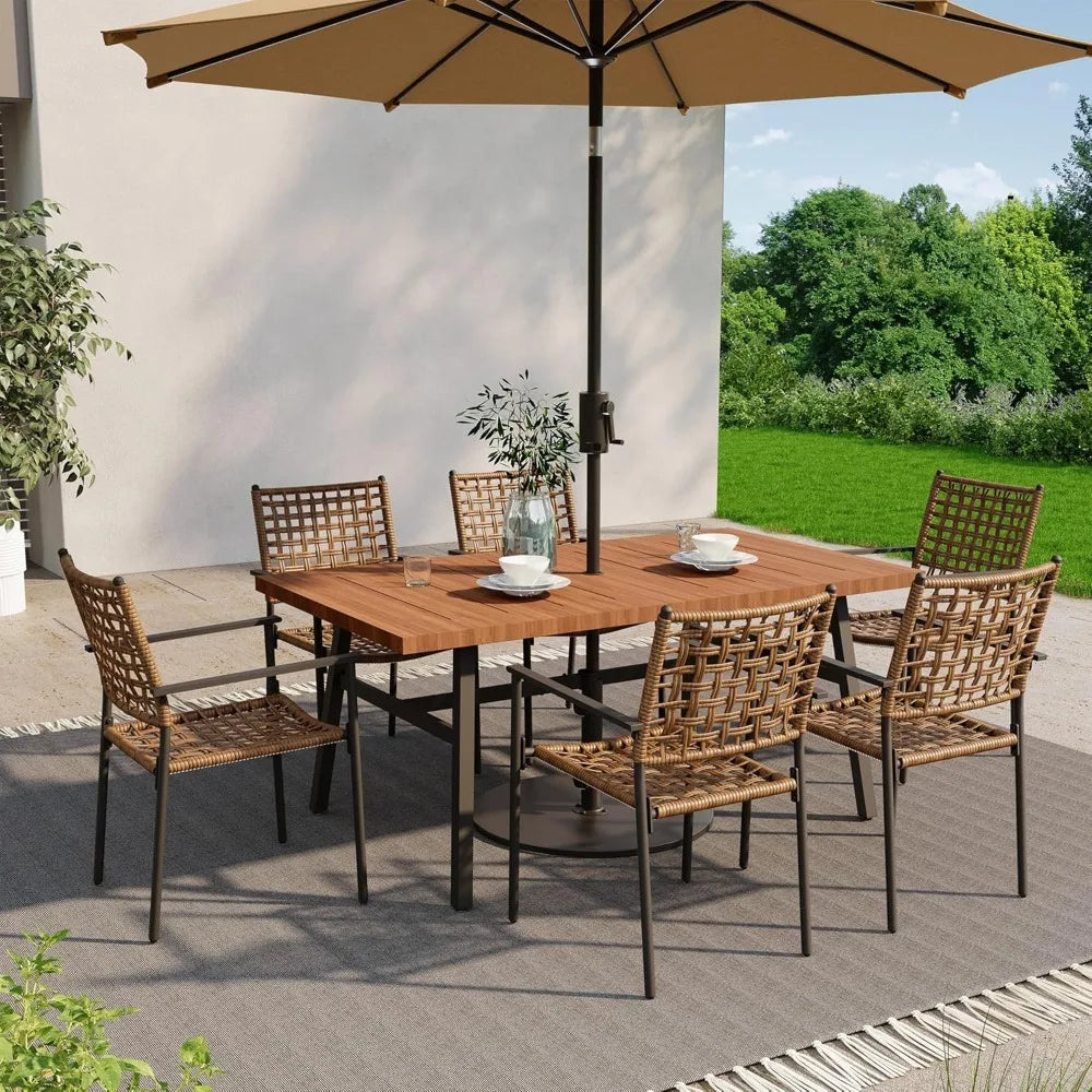 Outdoor Patio Dining Set 7 Pieces Rattan Dining Table and Chairs with Metal Table and Umbrella Hole Modern Patio Furniture
