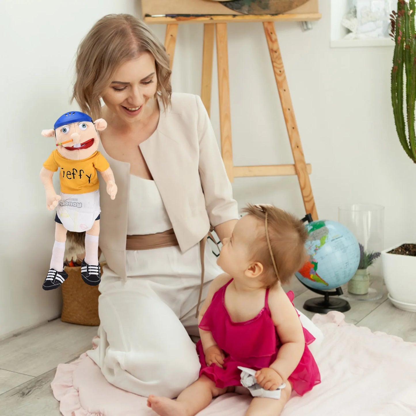 Funny Cartoon Open Mouth Boy Stuffed Plush Hand Puppet for Kids Gift Home Decor