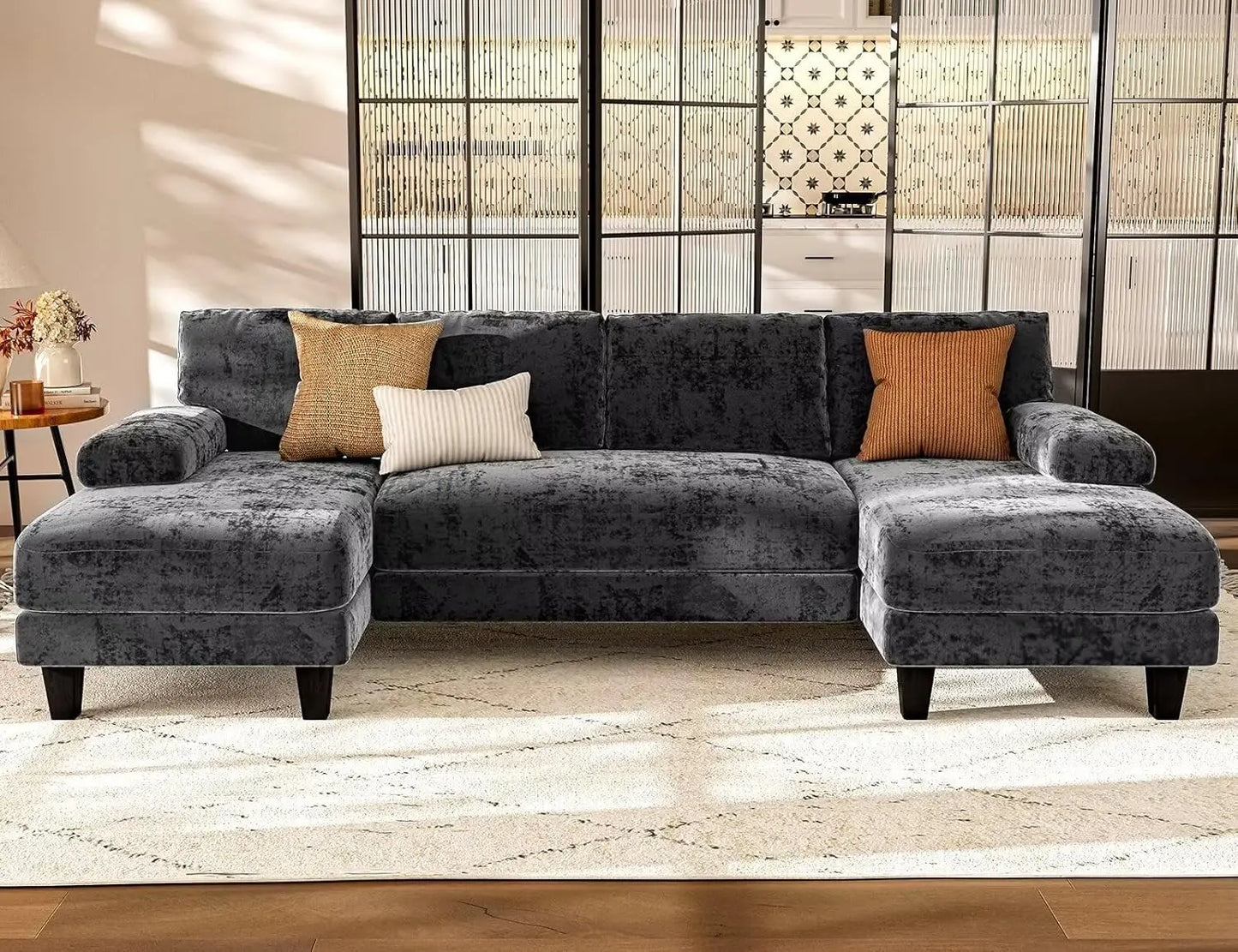 Gray U Shaped Sectional Sofa 111 Inch Modular Double Chaise