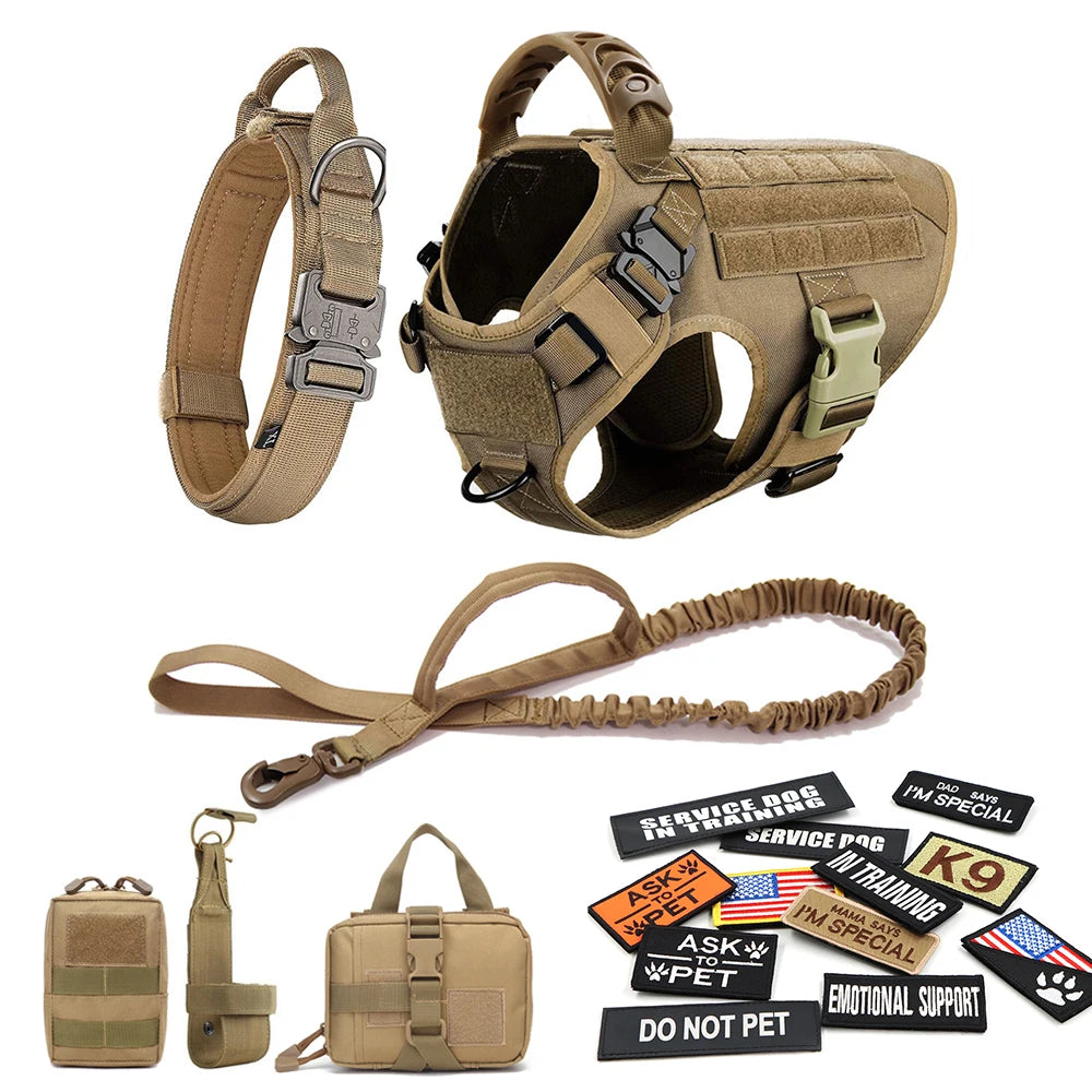 Military Large Dog Harness with Collar Leash Bags and Patches Set for Pet Malinois Training Vests Tactical Dog Accessories