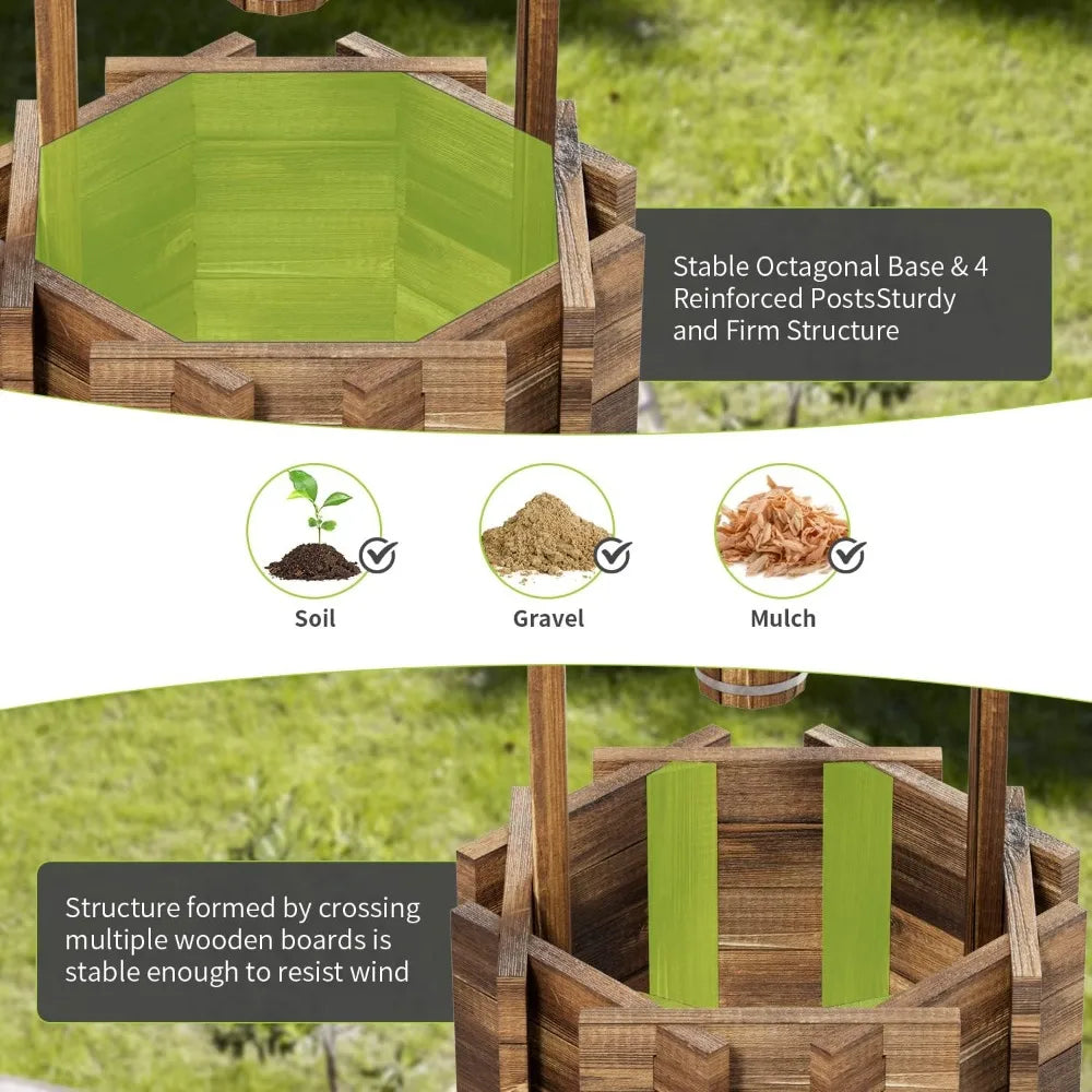 Outdoor Wooden Wishing Well Planter With Hanging Bucket