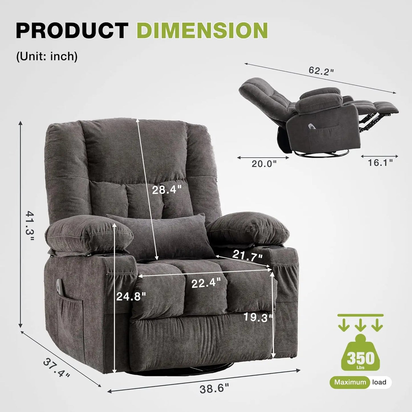 Massage Swivel Recliner Chair Oversized Rocker Recliner with Vibration Massage and Lumbar Heat Ergonomic Rocker Chair for Living Room with Side Pocket Two Cup Holders USB Charge Port