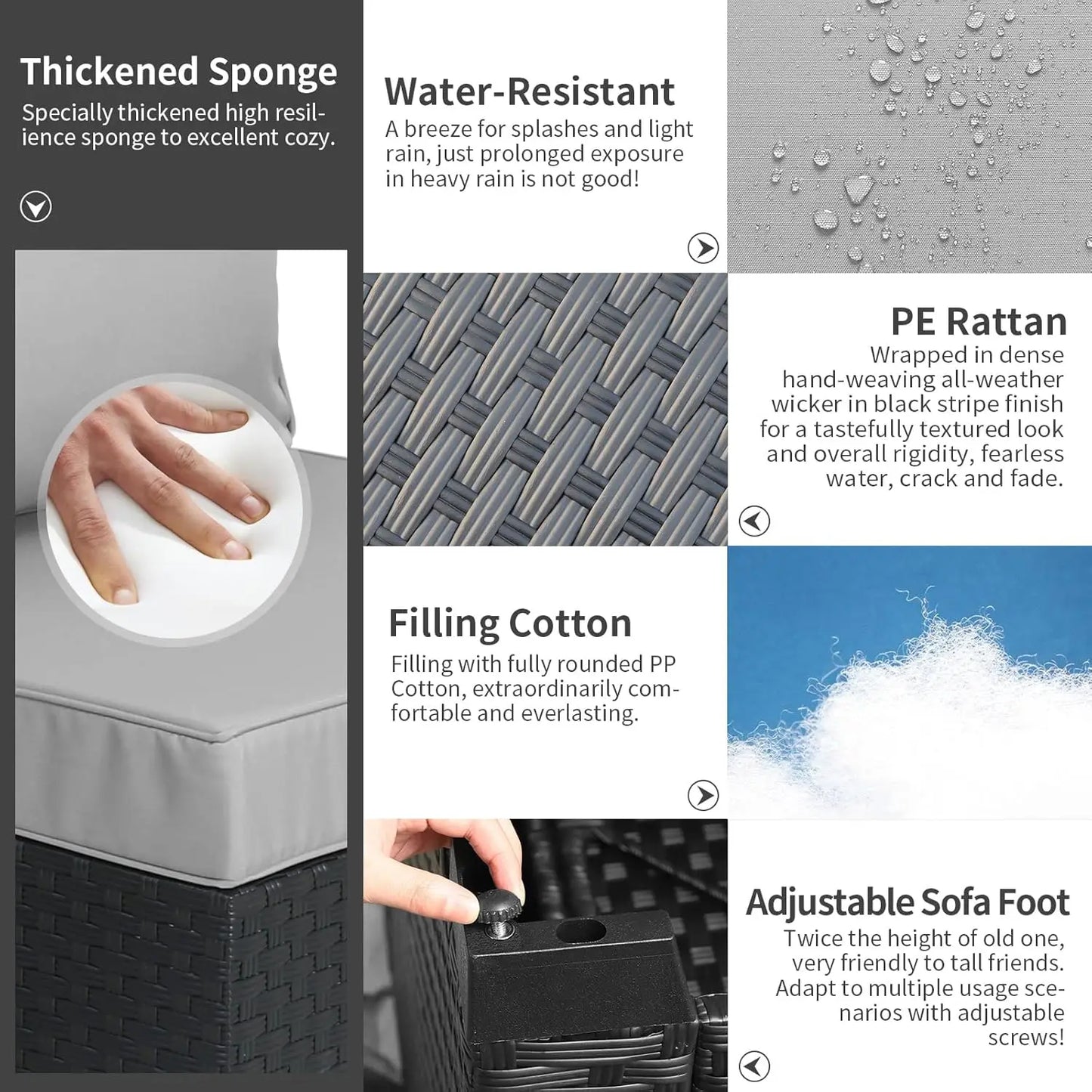 3 Piece Patio Furniture Set Outdoor Sectional Wicker Ottoman