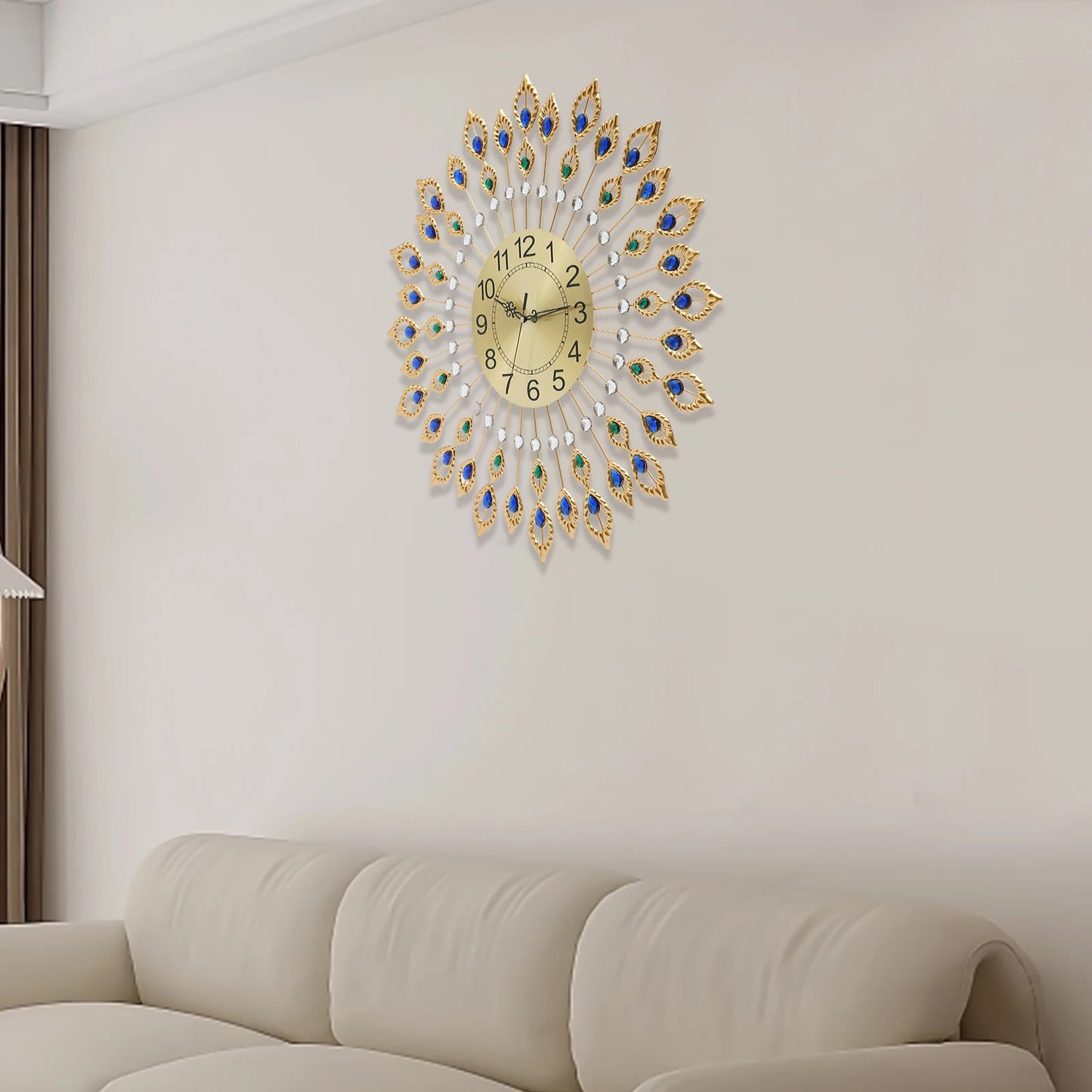 Decorative Wall Clock with Peacock Feather Design, Quartz Movement, Quiet, Perfect for Home and Office