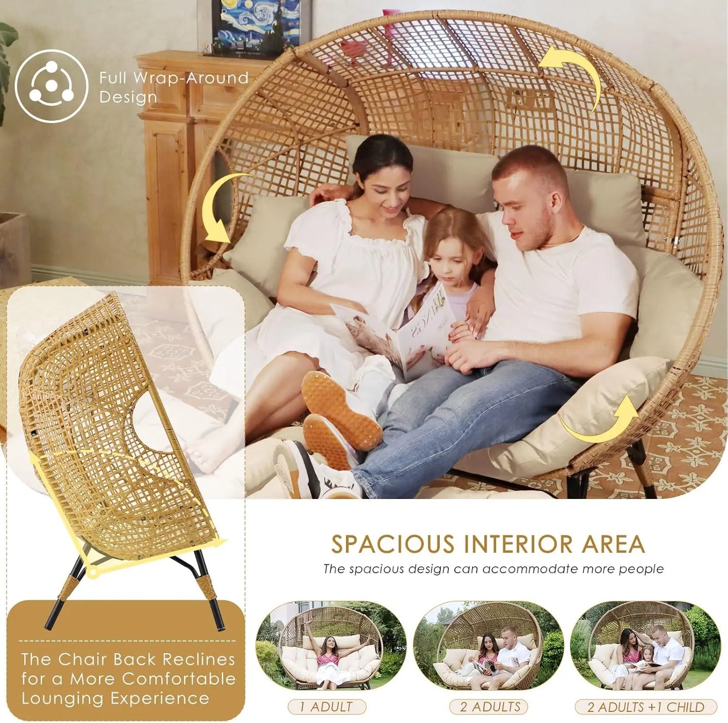 Double Egg Chair Indoor Outdoor Stationary Oversized Thicken Padded Cushions Two Person Egg Loveseat Chair 680 Pounds Extra Large Lounge Chair for Patio Balcony Porch Backyard Beige