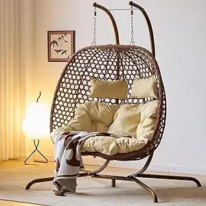 Double Hanging Swing Egg Chair with Stand, Hexagon Wicker Hammock Swing Chair for Outdoor Garden Patio, 2 Person Egg Chair with